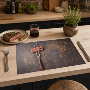 Steak – saftiges Fleisch auf edler Fleischgabel - Tischset Papier – Bild 2