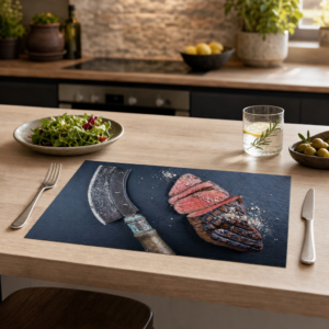 Steak – Medium-rare Scheiben neben rustikalem Beil - Tischset Papier – Bild 2