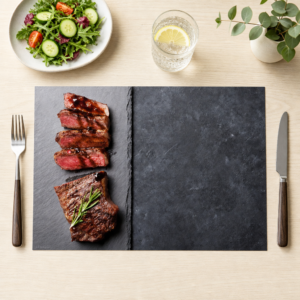 Steak – Scheiben mit Rosmarin auf Schiefertafel - Tischset Papier – Bild 1