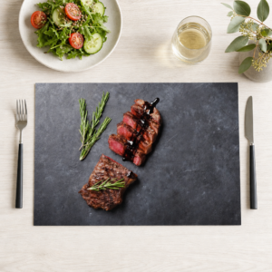 Steak – Scheiben mit Rosmarin, Balsamico auf Schieferplatte - Tischset Papier – Bild 1