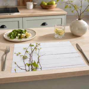 Birkenzweige – erste Knospen auf weißem Holz - Tischset Papier – Bild 2