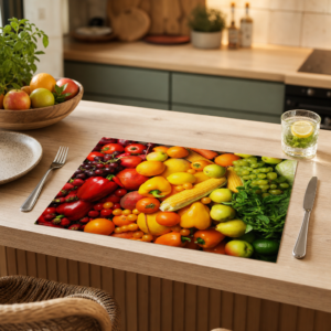Ernte-Regenbogen – Obst und Gemüse farblich sortiert - Tischset Papier – Bild 2