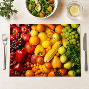 Ernte-Regenbogen – Obst und Gemüse farblich sortiert - Tischset Papier – Bild 1