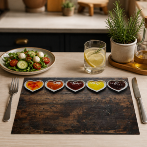 BBQ-Saucen – fünf Dips in Herz-Schälchen - Tischset Papier – Bild 2