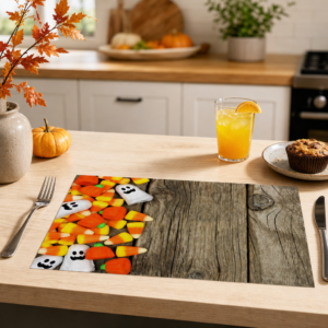 Halloween – candy-corn Geister auf Holz - Tischset Papier – Bild 2