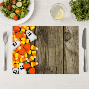 Halloween – candy-corn Geister auf Holz - Tischset Papier – Bild 1