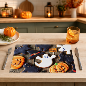 Halloween – dekorierte Plätzchen auf Holz - Tischset Papier – Bild 2