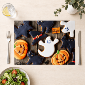 Halloween – dekorierte Plätzchen auf Holz - Tischset Papier – Bild 1