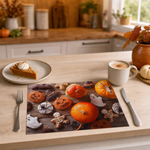 Halloween – Kürbisse und Gebäck auf Holz - Tischset Papier – Bild 2
