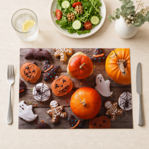 Halloween – Kürbisse und Gebäck auf Holz - Tischset Papier – Bild 1