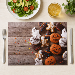 Halloween – Gebäck mit Spinnen und Kürbissen - Tischset Papier – Bild 1