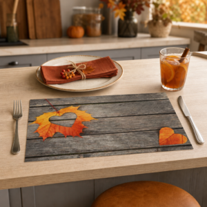 Herbst – Blatt mit Herzausschnitt auf Holz – Papiertischsets Großpackung – Bild 2