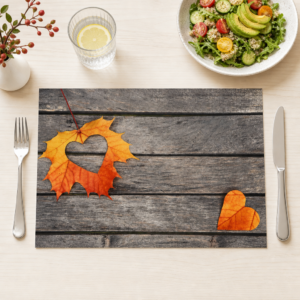 Herbst – Blatt mit Herzausschnitt auf Holz – Papiertischsets Großpackung – Bild 1