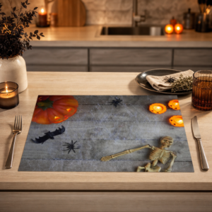 Halloween – Deko-Flatlay mit Skelett und Spinnen - Tischset Papier – Bild 2