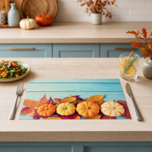 Herbst – Kürbisse auf Blättern vor Blauholz - Tischset Papier – Bild 2