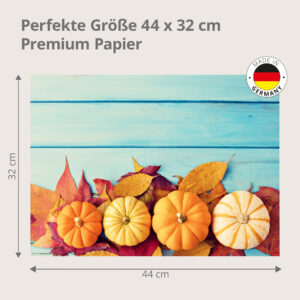 Herbst – Kürbisse auf Blättern vor Blauholz - Tischset Papier – Bild 3
