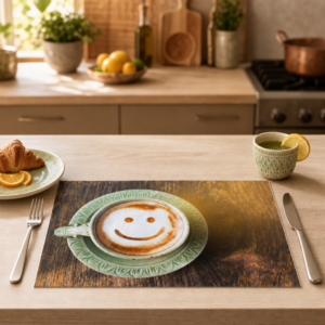 Kaffee – Smiley in grüner Keramiktasse - Tischset Papier – Bild 2