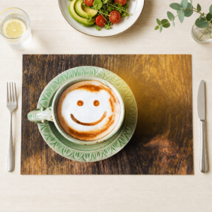 Kaffee – Smiley in grüner Keramiktasse - Tischset Papier – Bild 1