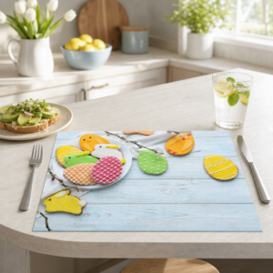 Ostern – Bunte Osterkekse auf blauen Tisch - Tischset Papier – Bild 2