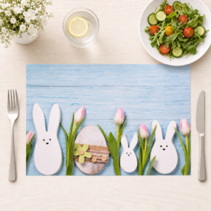 Ostern – Holzhase mit Tulpen Hellblau - Tischset Papier – Bild 1
