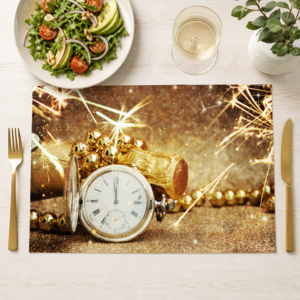 Silvester – Taschenuhr mit Champagner in gold - Tischset Papier – Bild 1