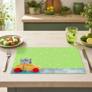 Weihnachten – Holzauto Silbergeschenk Grüner Hintergrund - Tischset Papier – Bild 2