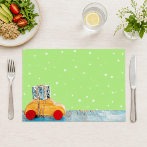 Weihnachten – Holzauto Silbergeschenk Grüner Hintergrund - Tischset Papier – Bild 1