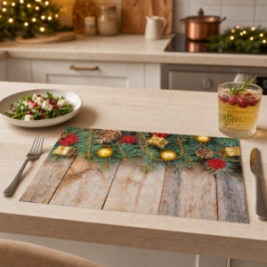Weihnachten – Tannenzweige Kugeln Zapfen Holz Oben - Tischset Papier – Bild 2