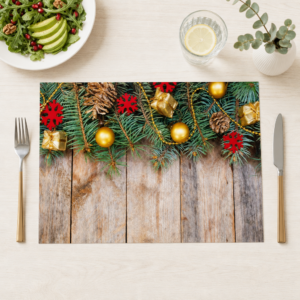 Weihnachten – Tannenzweige Kugeln Zapfen Holz Oben - Tischset Papier – Bild 1