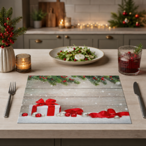 Weihnachten – Weißes Geschenk Rote Schleife Schnee - Tischset Papier – Bild 2