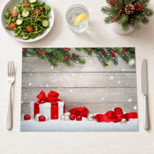Weihnachten – Weißes Geschenk Rote Schleife Schnee - Tischset Papier – Bild 1