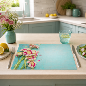 Blumen – Gerbera auf Türkis Holztisch - Tischset Papier – Bild 2