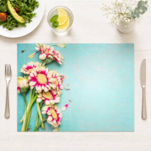 Blumen – Gerbera auf Türkis Holztisch - Tischset Papier – Bild 1
