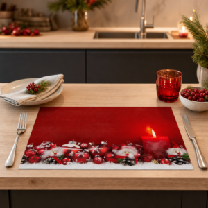 Weihnachten - Rote Kerze mit Weihnachtsschmuck - Tischset Papier – Bild 2