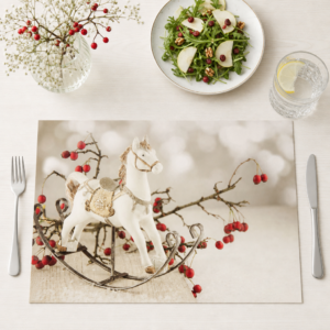 Weihnachten - Schaukelpferd weiß rote Beeren - Tischset Papier – Bild 1