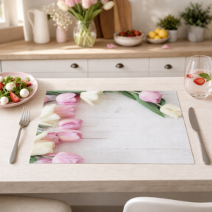 Tulpen rosa-weiß auf hellem Holz – Papiertischsets Großpackung – Bild 2