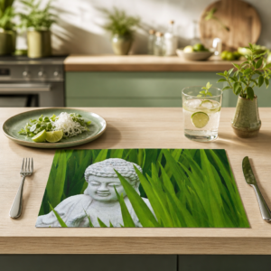 Buddha Statue weiß in grünen Blättern - Tischset Papier – Bild 2