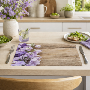 Rittersporn – lila Blüten auf Holztisch - Tischset Papier – Bild 2
