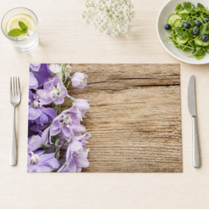 Rittersporn – lila Blüten auf Holztisch - Tischset Papier – Bild 1