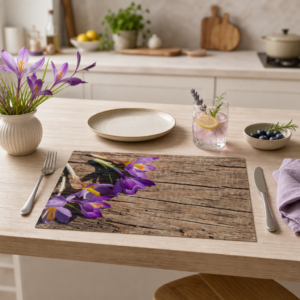 Krokus – lila Frühlingsboten auf Holztisch - Tischset Papier – Bild 2