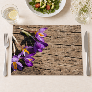 Krokus – lila Frühlingsboten auf Holztisch - Tischset Papier – Bild 1