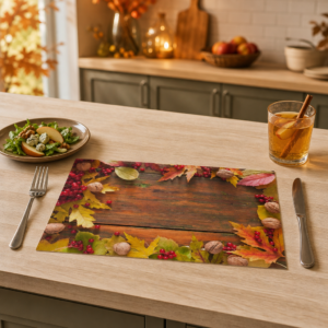 Herbst-Rahmen – Nüsse und Beeren auf einem Holztisch - Tischset Papier – Bild 2