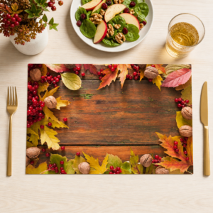 Herbst-Rahmen – Nüsse und Beeren auf einem Holztisch - Tischset Papier – Bild 1