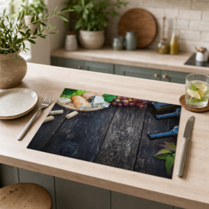 Weinabend – Rotwein, Käse und Brot auf Holztisch - Tischset Papier – Bild 2