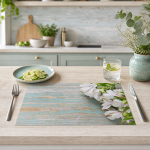 Weiße zarte Blüten auf Holztisch - Tischset Papier – Bild 2