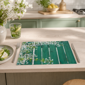 Kirschblüten – weiße Zweige vor grünem Zaun - Tischset Papier – Bild 2