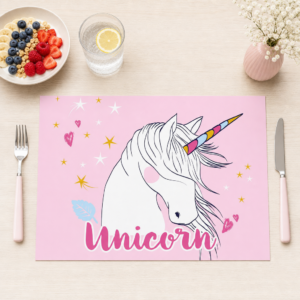 Einhorn – weißes Unicorn auf Rosa mit Sternen - Tischset Papier – Bild 1
