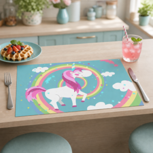 Einhorn & Regenbogen – buntes Kindermotiv auf Türkis - Tischset Papier – Bild 2