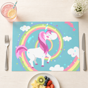 Einhorn & Regenbogen – buntes Kindermotiv auf Türkis - Tischset Papier – Bild 1